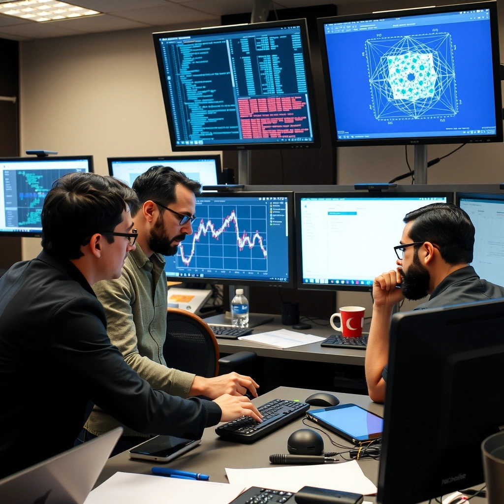 Diverse team collaborating on a complex machine learning project